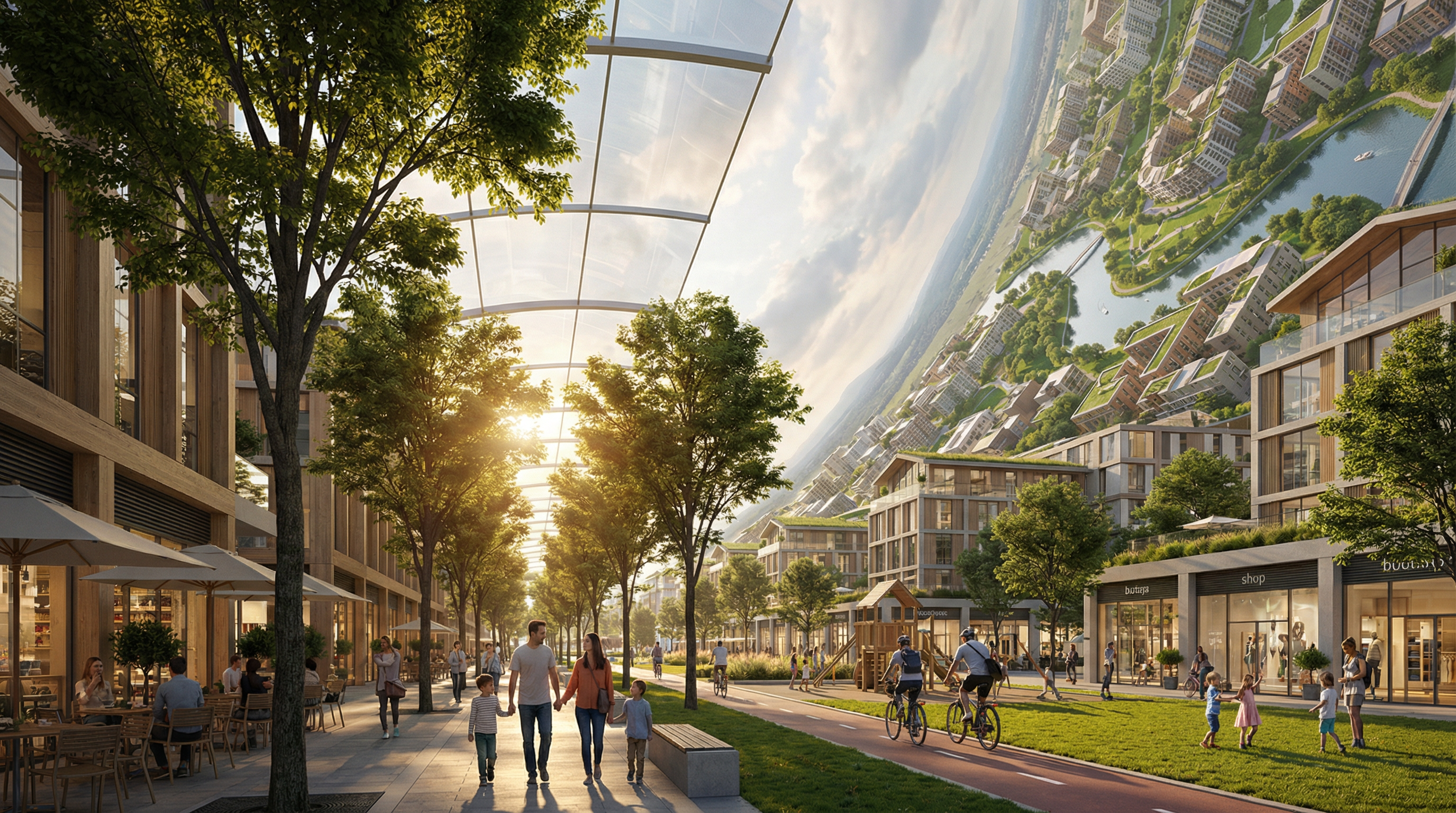 Life inside SpaceTube - families walking through parks with the world curving overhead